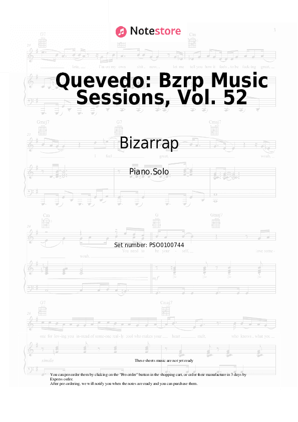 Quevedo: Bzrp Music Sessions, Vol. 52 - Bizarrap, Quevedo Piano Sheet Music - Piano.Solo