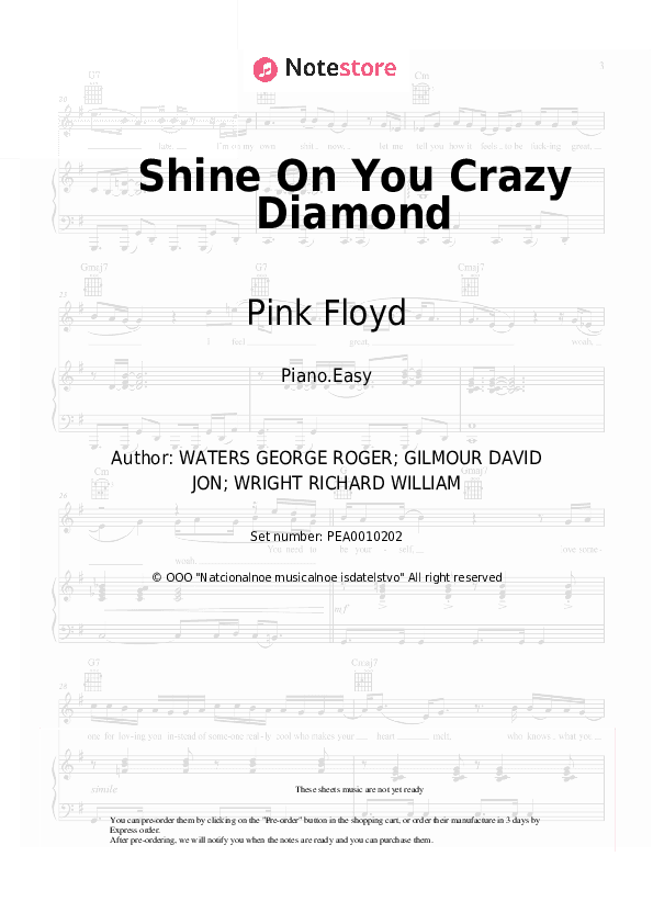 Shine On You Crazy Diamond - Pink Floyd Piano Sheet Music Easy - Piano.Easy
