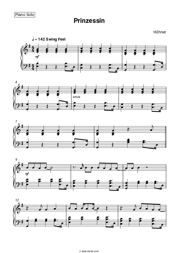 Prinzessin - Höhner Piano Sheet Music - Piano.Solo