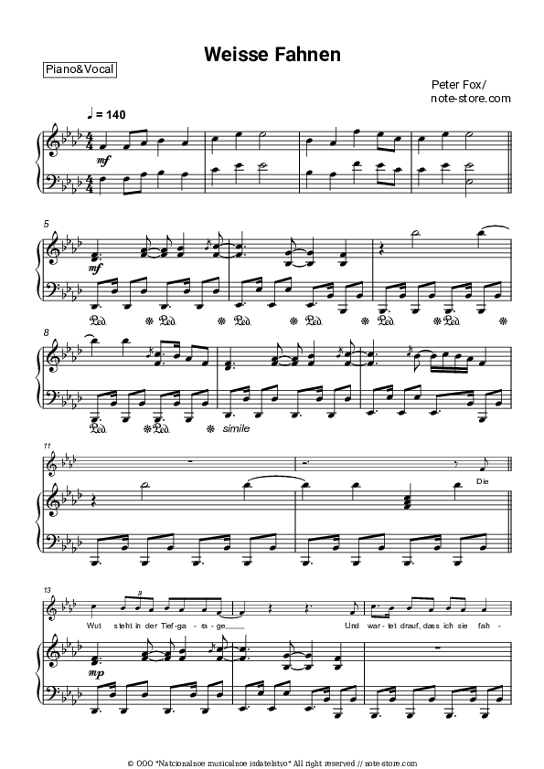 Weisse Fahnen - Peter Fox Piano Sheet Music with the Voice part - Piano&Vocal