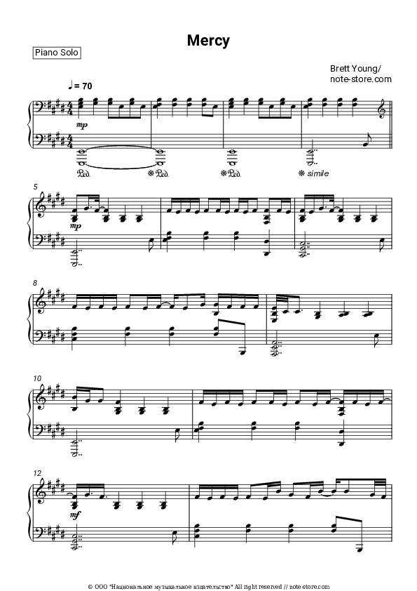 Mercy - Brett Young Piano Sheet Music - Piano.Solo