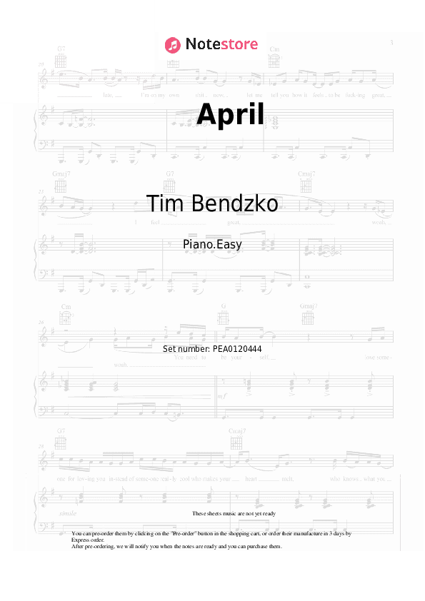 April - Tim Bendzko Piano Sheet Music Easy - Piano.Easy