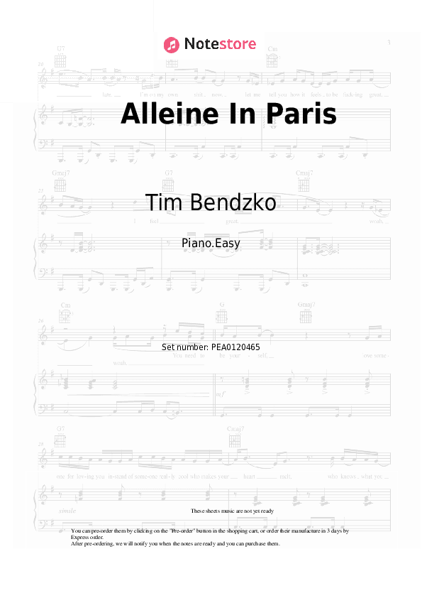 Alleine In Paris - Tim Bendzko Piano Sheet Music Easy - Piano.Easy