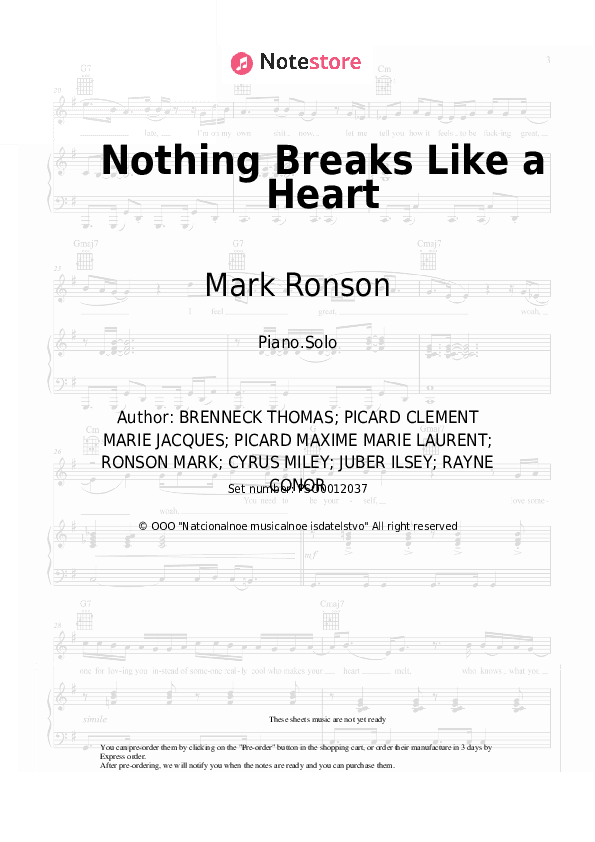 Nothing Breaks Like a Heart - Mark Ronson, Miley Cyrus Piano Sheet Music - Piano.Solo