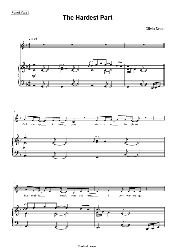 The Hardest Part - Olivia Dean Piano Sheet Music with the Voice part - Piano&Vocal