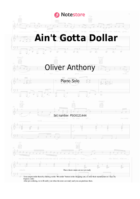 Ain't Gotta Dollar - Oliver Anthony Music Piano Sheet Music - Piano.Solo