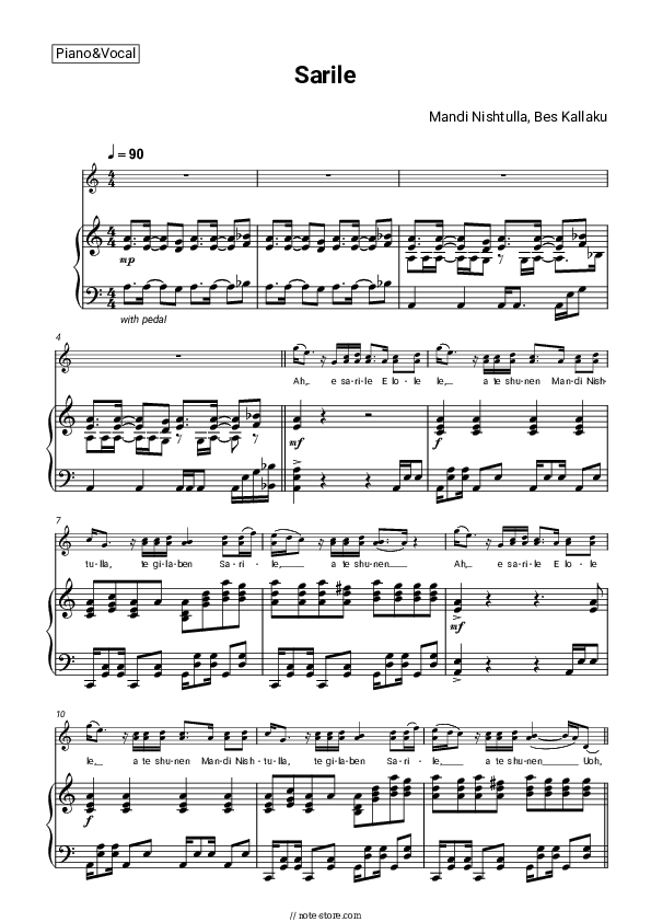 Sarile - Mandi Nishtulla, Bes Kallaku Piano Sheet Music with the Voice part - Piano&Vocal