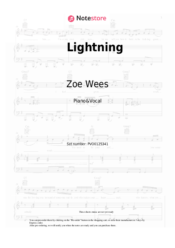 Lightning - Zoe Wees Piano Sheet Music with the Voice part - Piano&Vocal