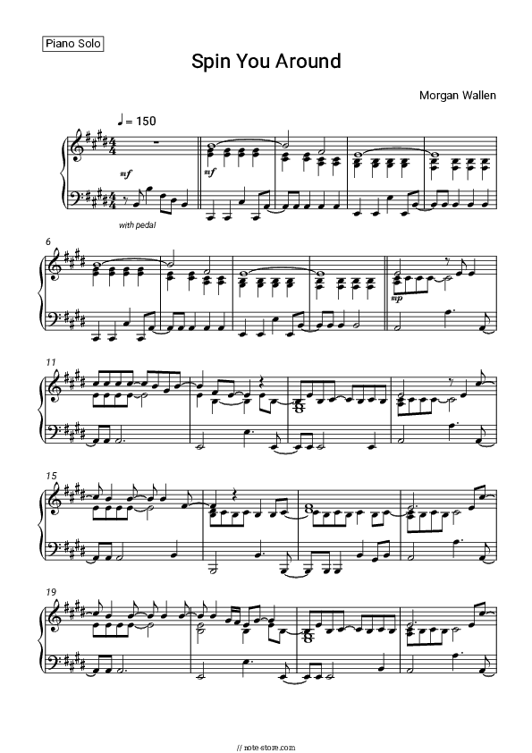 Spin You Around - Morgan Wallen Piano Sheet Music - Piano.Solo