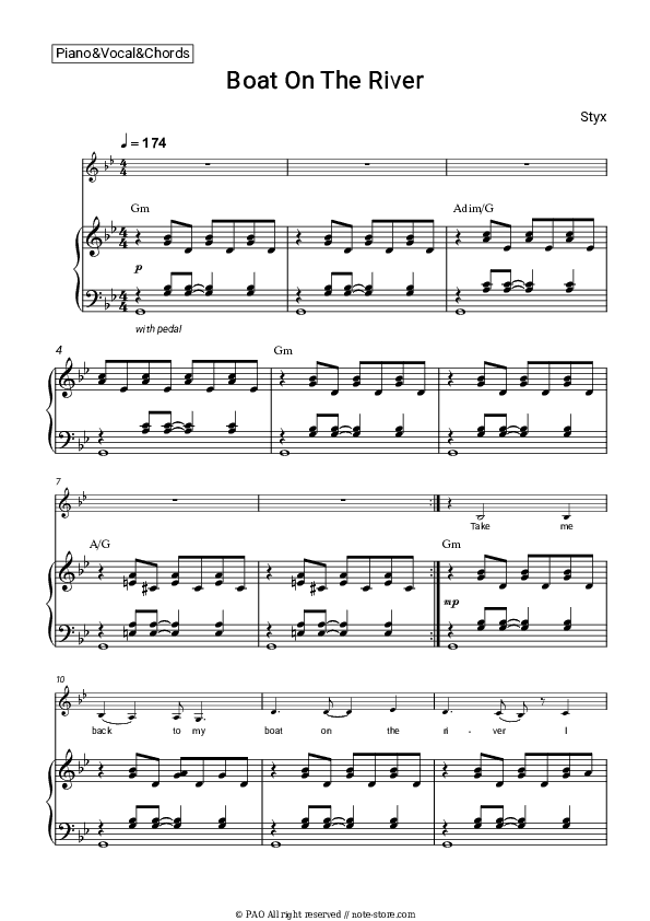 Boat On The River - Styx Piano Sheet Music with the Vocal and Chords - Piano&Vocal&Chords