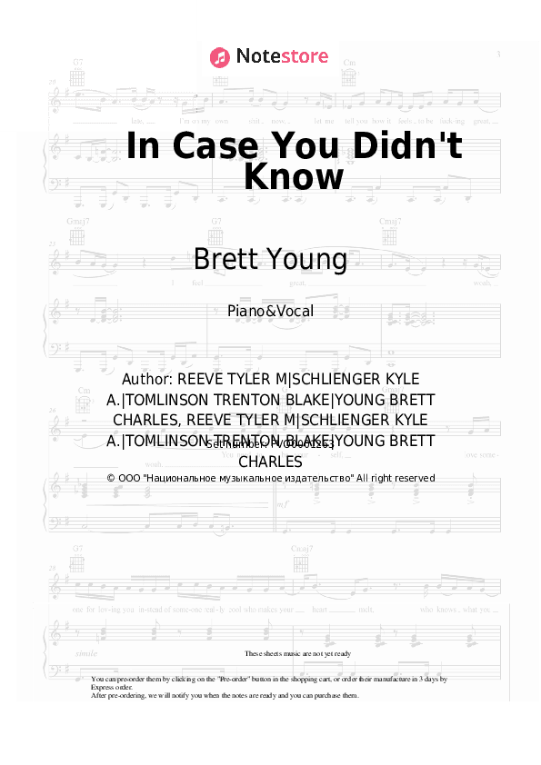 In Case You Didn't Know - Brett Young Piano Sheet Music with the Voice part - Piano&Vocal