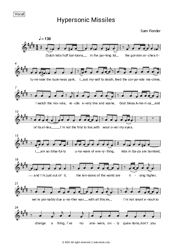 Hypersonic Missiles - Sam Fender Vocal Sheet Music - Vocal