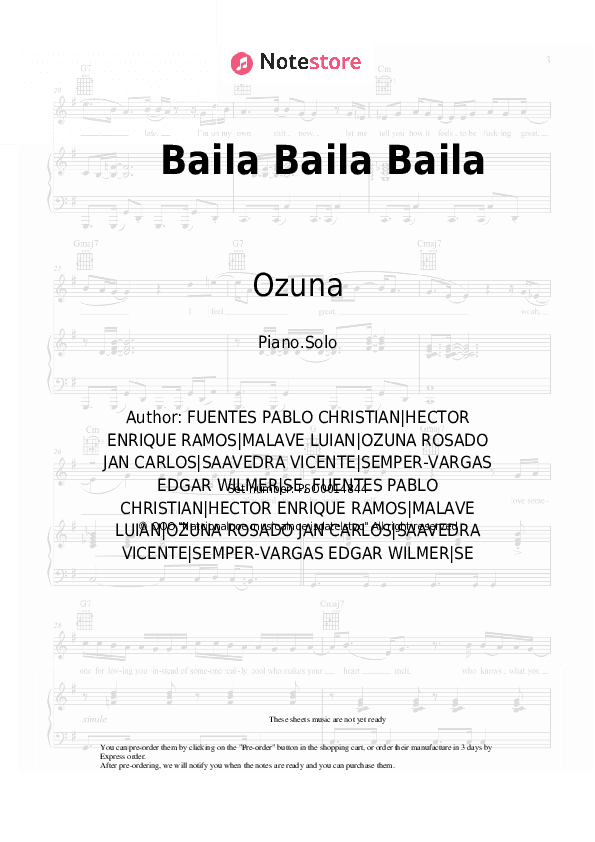 Baila Baila Baila - Ozuna, Daddy Yankee, J Balvin, Farruko, Anuel AA Piano Sheet Music - Piano.Solo