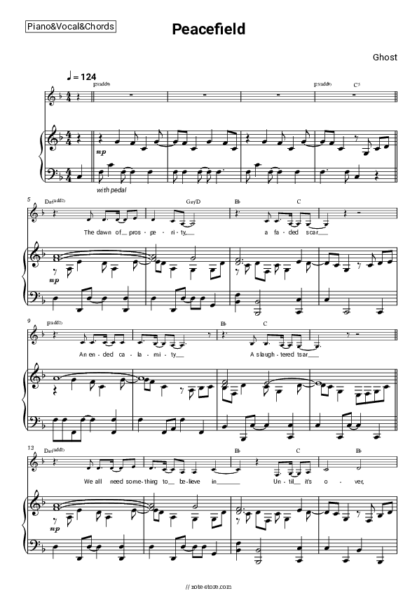 Peacefield - Ghost Piano Sheet Music with the Vocal and Chords - Piano&Vocal&Chords