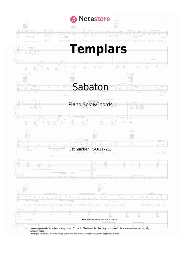 Templars - Sabaton Piano Sheet Music and Chords - Piano.Solo&Chords