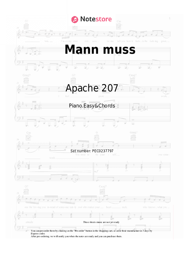 Mann muss - Apache 207 Sheet Music Easy and Chords - Piano.Easy&Chords