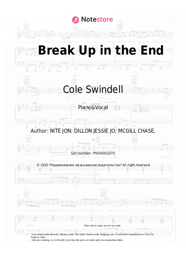 Break Up in the End - Cole Swindell Piano Sheet Music with the Voice part - Piano&Vocal