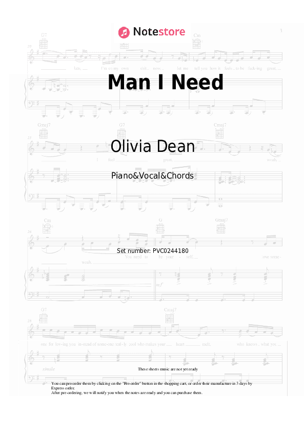 Man I Need - Olivia Dean Piano Sheet Music with the Vocal and Chords - Piano&Vocal&Chords