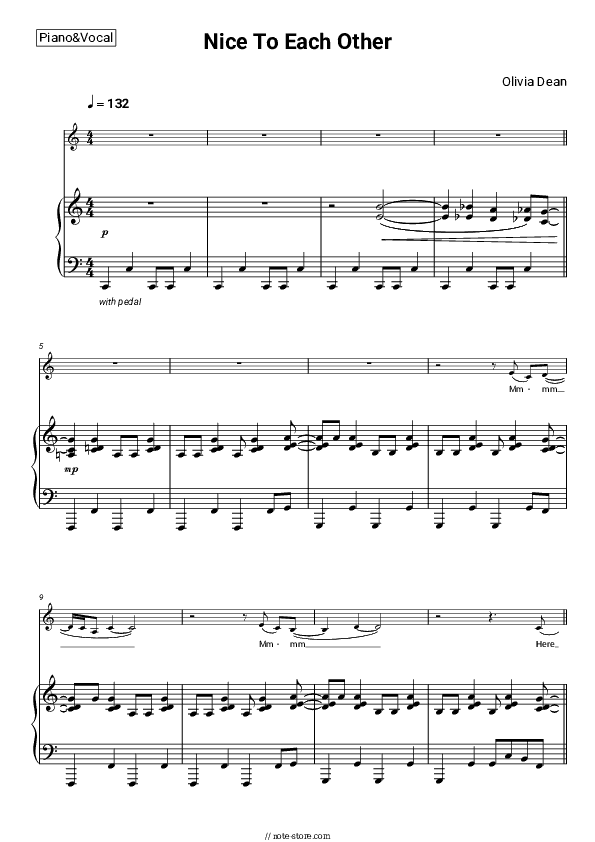 Nice To Each Other - Olivia Dean Piano Sheet Music with the Voice part - Piano&Vocal