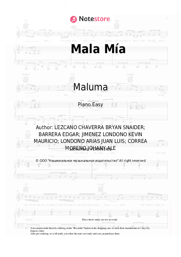 Mala Mía - Maluma Piano Sheet Music Easy - Piano.Easy