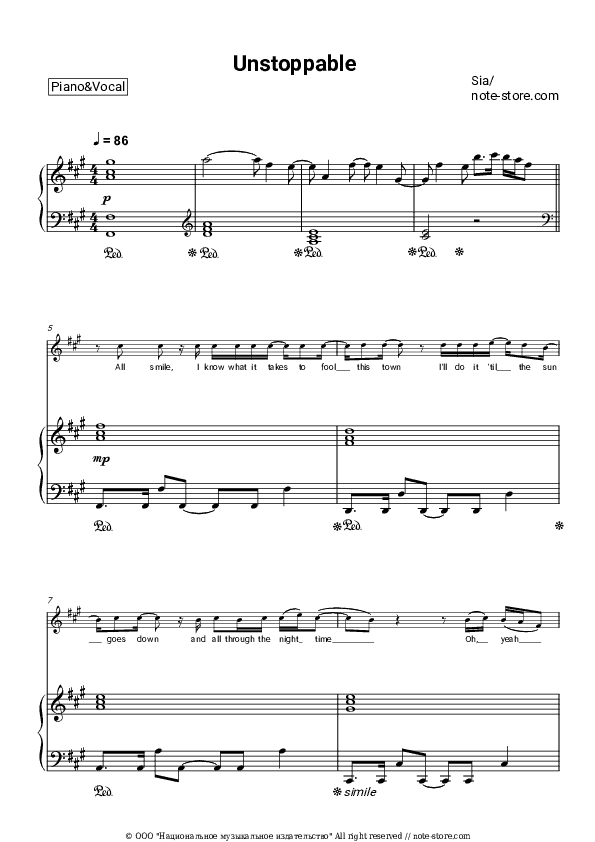 Unstoppable - Sia Piano Sheet Music with the Voice part - Piano&Vocal