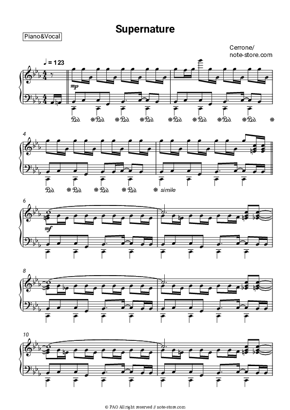 Supernature - Cerrone Piano Sheet Music with the Voice part - Piano&Vocal