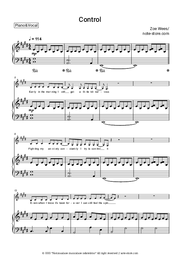 Control - Zoe Wees Piano Sheet Music with the Voice part - Piano&Vocal