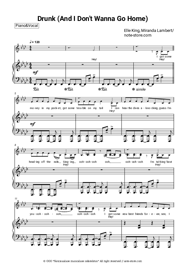 Drunk (And I Don't Wanna Go Home) - Elle King, Miranda Lambert Piano Sheet Music with the Voice part - Piano&Vocal