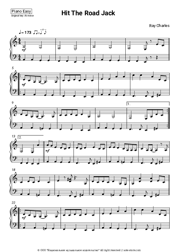 Hit The Road Jack - Ray Charles Piano Sheet Music Easy - Piano.Easy