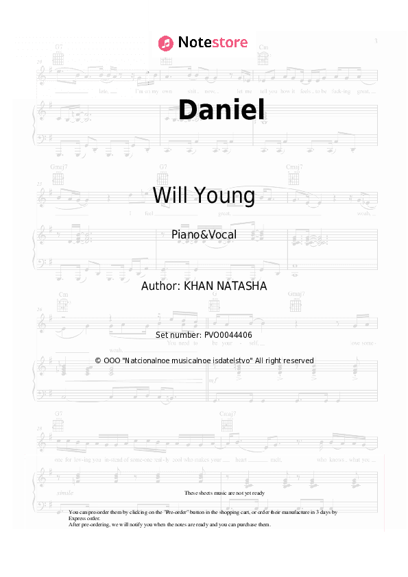 Daniel - Will Young Piano Sheet Music with the Voice part - Piano&Vocal