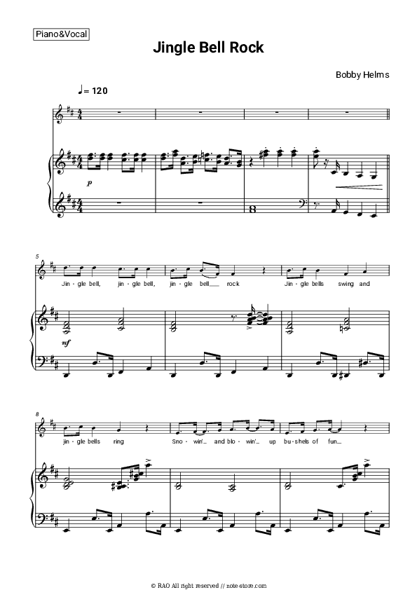 Jingle Bell rock - Bobby Helms, Christmas carol Piano Sheet Music with the Voice part - Piano&Vocal