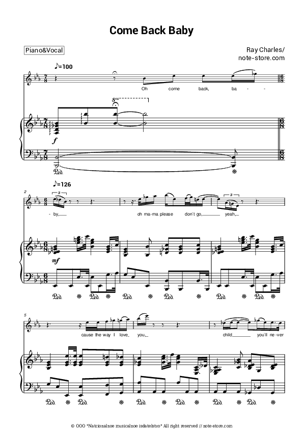 Come Back Baby - Ray Charles Piano Sheet Music with the Voice part - Piano&Vocal