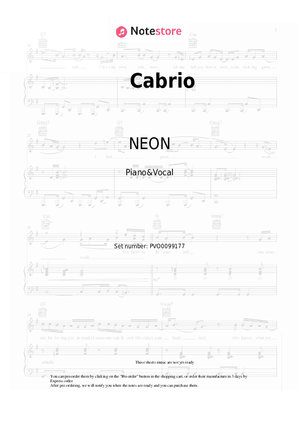 Cabrio - NEON Piano Sheet Music with the Voice part - Piano&Vocal